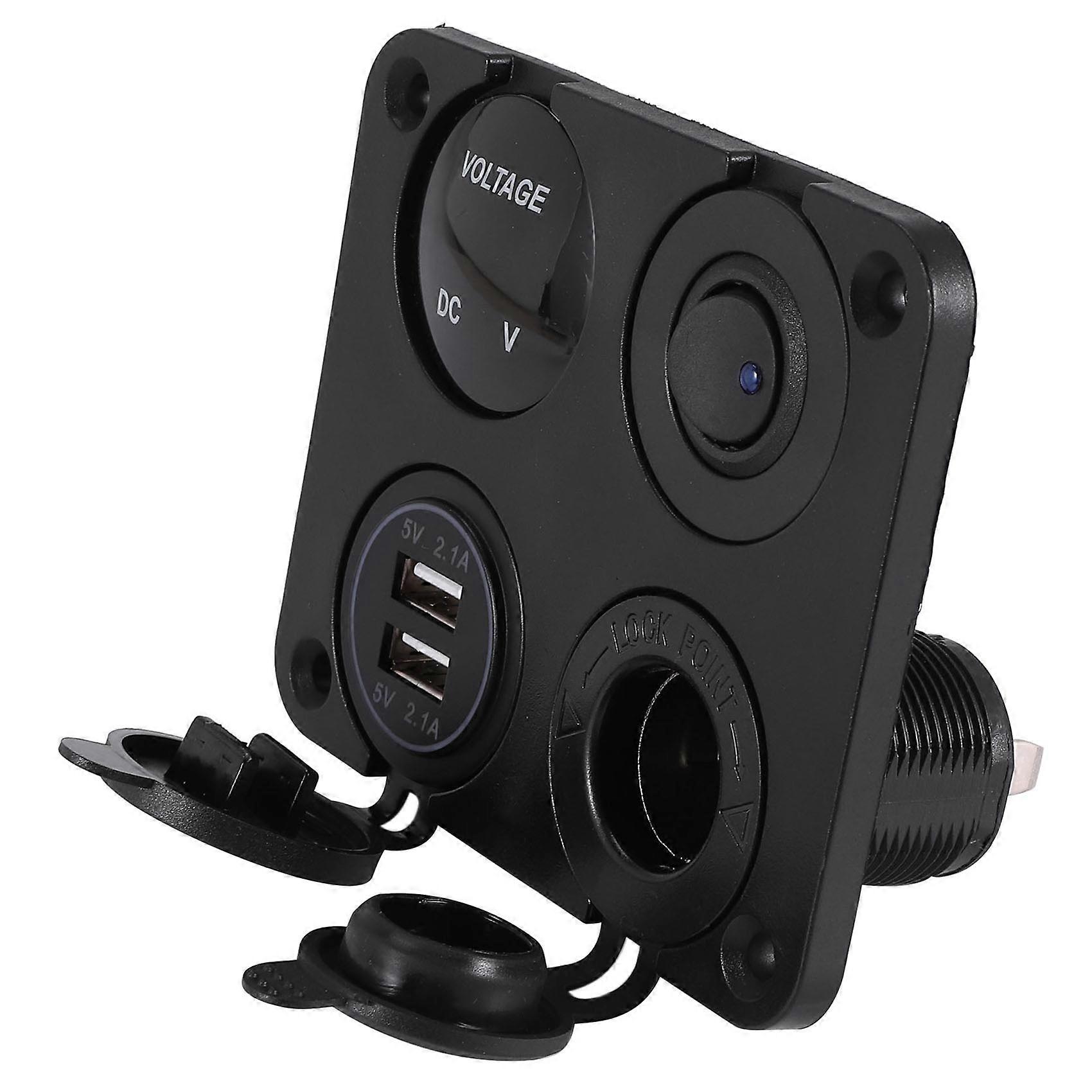 4 Function Panel Dual USB Charger Green LED Volt 12V Power Outlet ON-OFF Switch