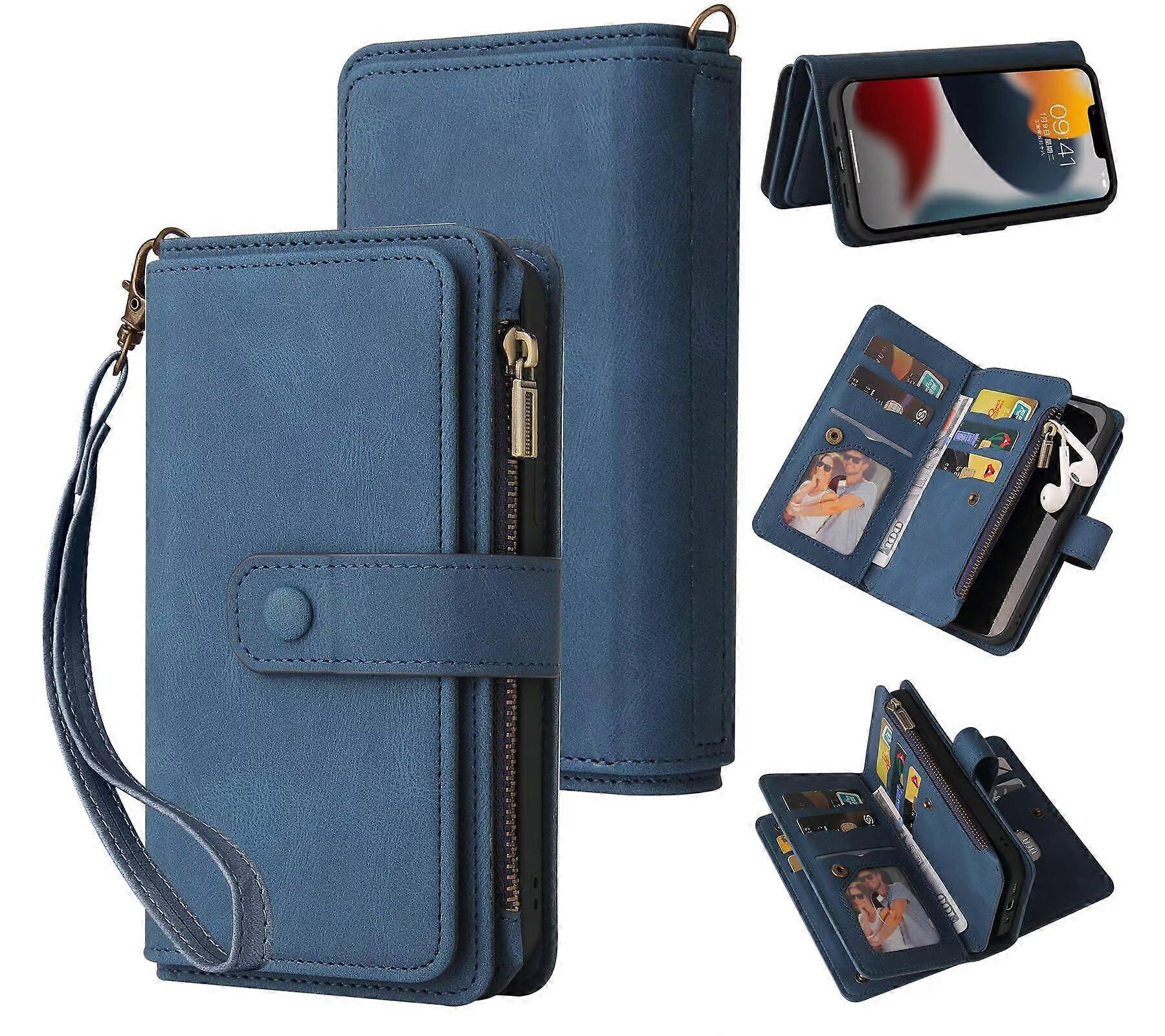 Wallet Case, PU Leather, Magnetic Closure, Kickstand, Wrist Strap, 15 Card Slots, Zipper Pocket, Blue
