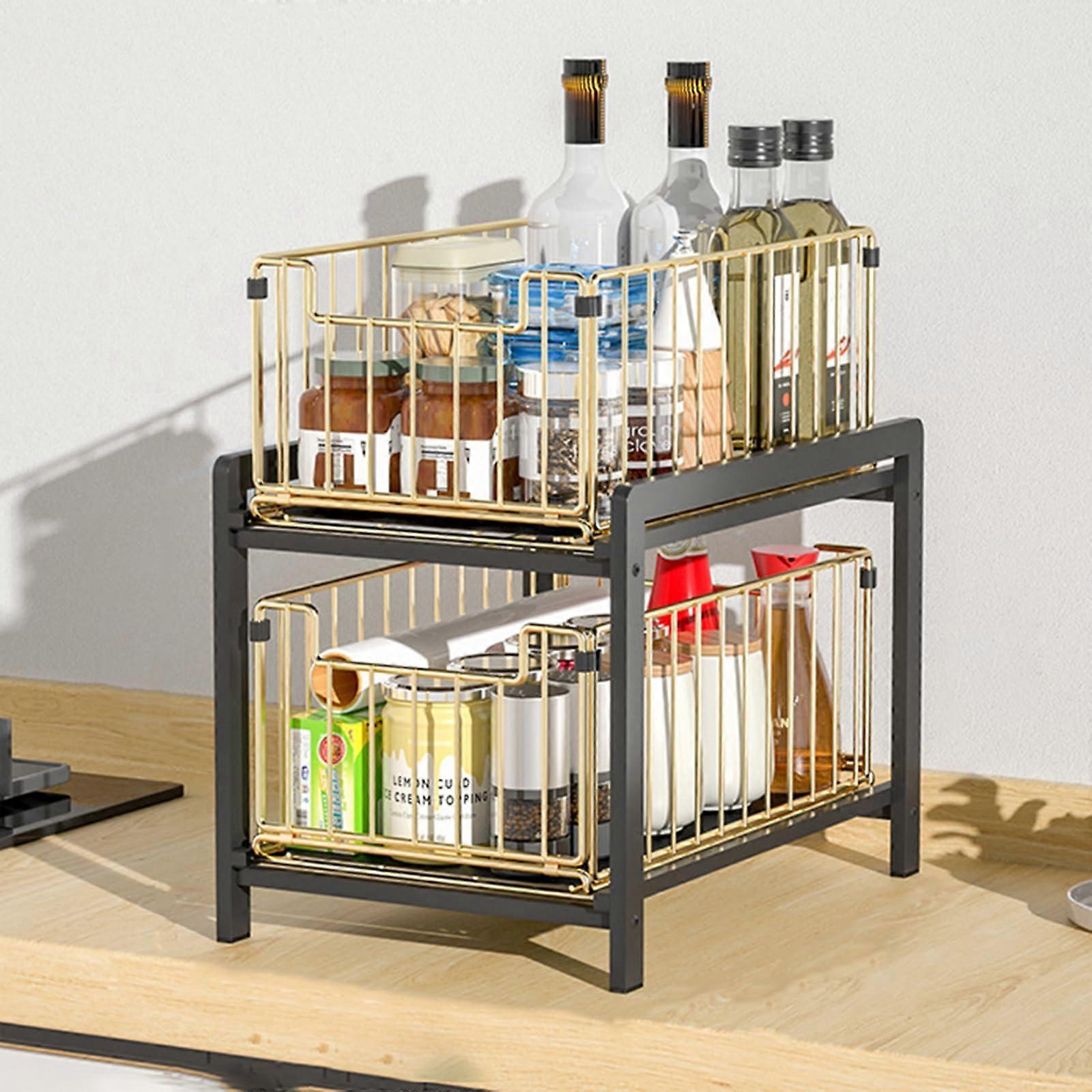 Pull Out Under Sink Storage Organizer, Sliding Cabinet Shelf, 26x37x38.5 cm, Black Gold Finish, SpaceSaving