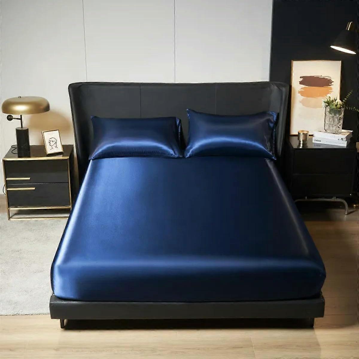 Solid Satin Fitted Bed Sheet with Elastic Band for Large Mattress 150x203cm Dark Blue