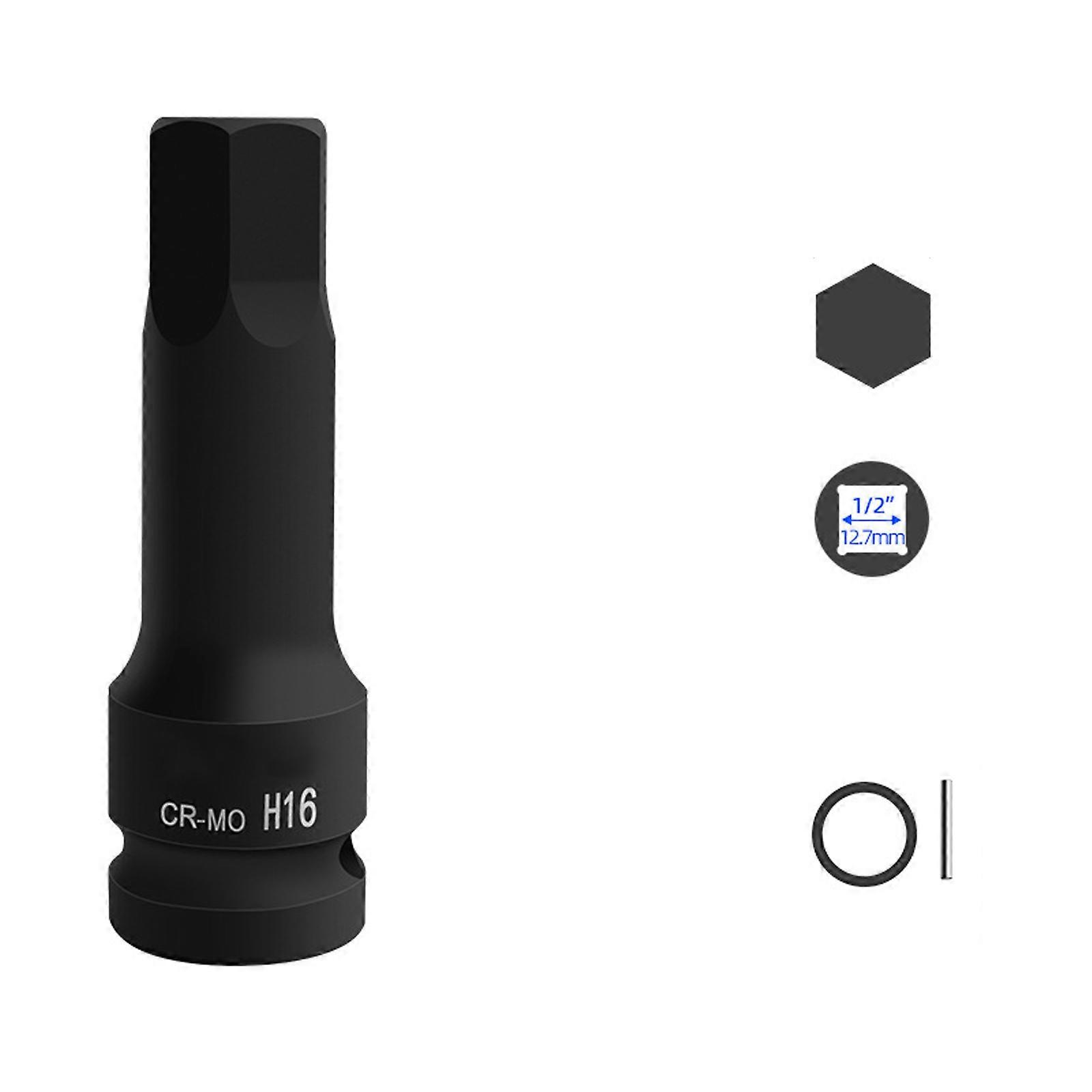 Soquete de impacto hexagonal de 22 mm com encaixe de 1/2 polegada, em aço cromo-molibdênio, com acabamento fosfatizado preto, para mecânica automotiva e trabalhos de reparo. Multicolorido.