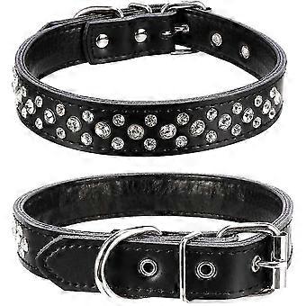 w Rhinestone Dog Collar, Adjustable Shiny Crystal Encrusted Genuine Leather Pet Dog Collar for Small to Medium Dogs (M, Black)