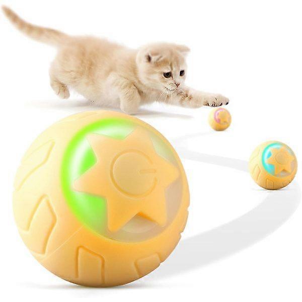 Interactive Cat Toy Ball, Automatic Rolling Cat Toys for Indoor Cat Kitten, with 2 Modes, LED Lights Replaceable, Rechargeable, Yellow
