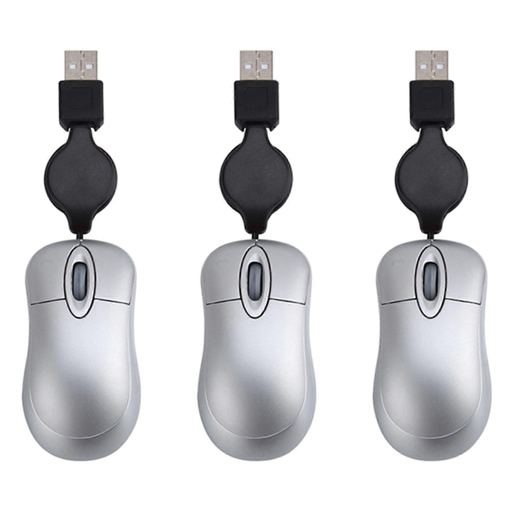 3X Mini USB Wired Mouse Retractable Cable Tiny Small Mouse 1600 DPI Optical Compact Travel Mice (Silver)