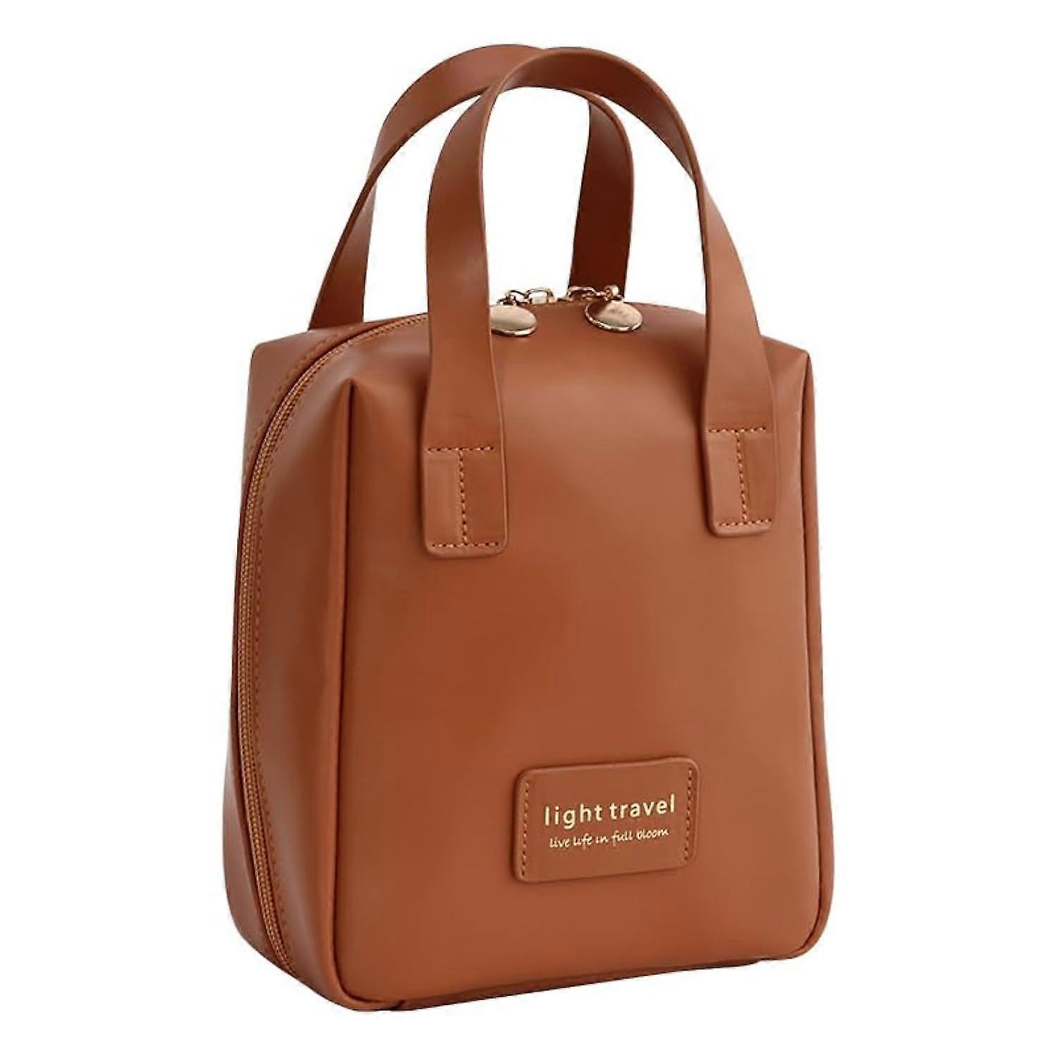 Large Capacity Waterproof PU Leather Travel Makeup Bag with Compartments and Handle Brown