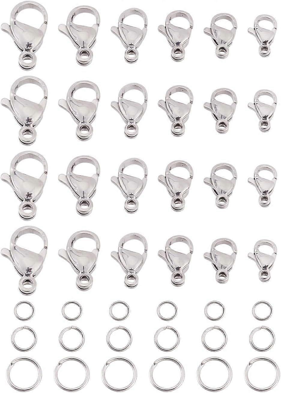 60Pcs 6Sizes 304 Stainless Steel Lobster Claw Clasps Parrot Trigger Clasps with 150Pcs 3Sizes Open Jump Rings Stainless Steel Color for Ornament Craft