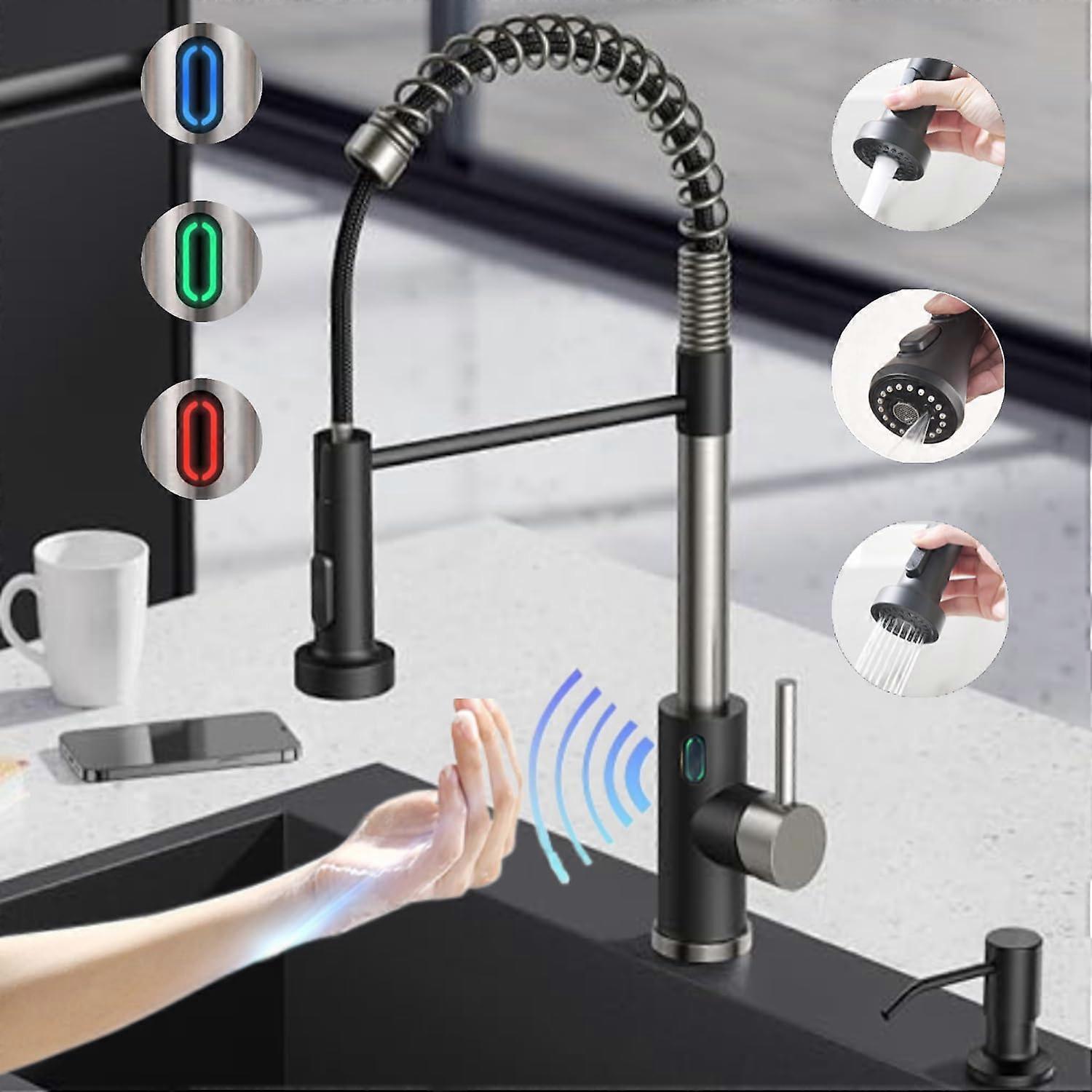 Touchless Kitchen Faucet with Pull Down Sprayer, LED Temperature Display, 3 Modes, 360° Swivel, Ceramic Valve, Brushed Nickel/Black