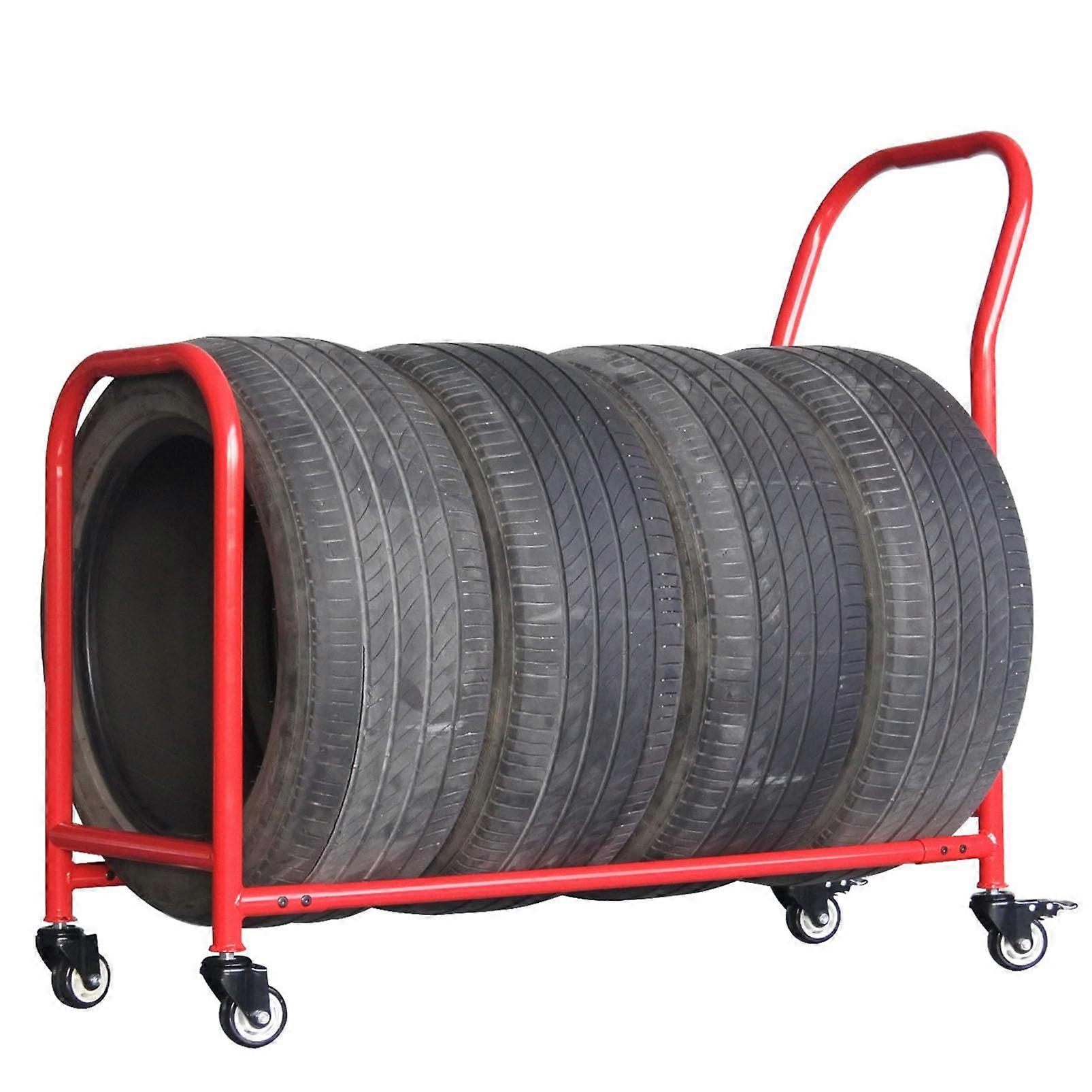 Heavy Duty Rolling Tire Storage Rack with Lockable Casters, SpaceSaving Garage Organizer Stand Red