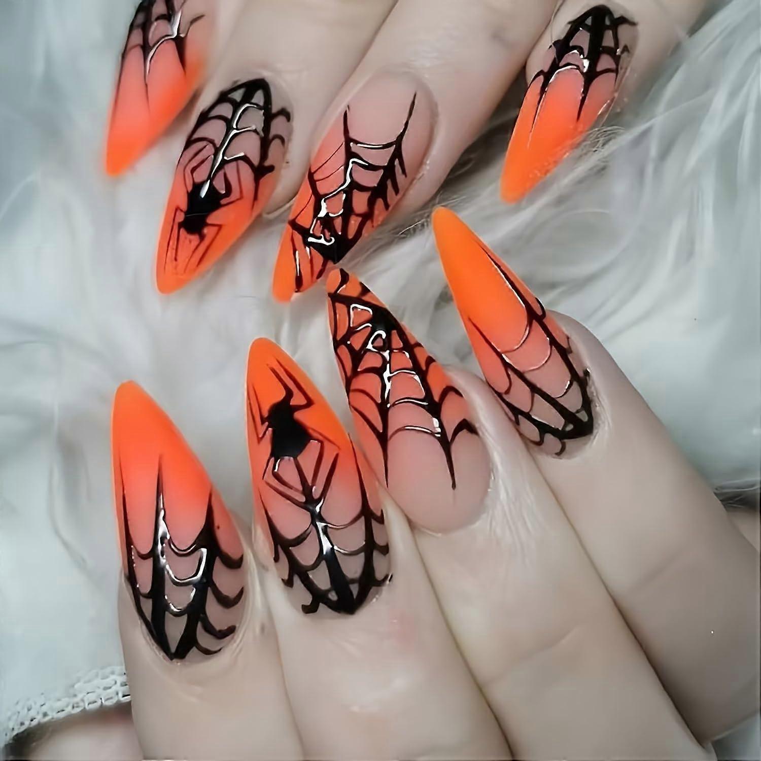 24pcs Halloween Almond Press On Nails Set with Gradient Spider Web Soft Gel Reusable Glue