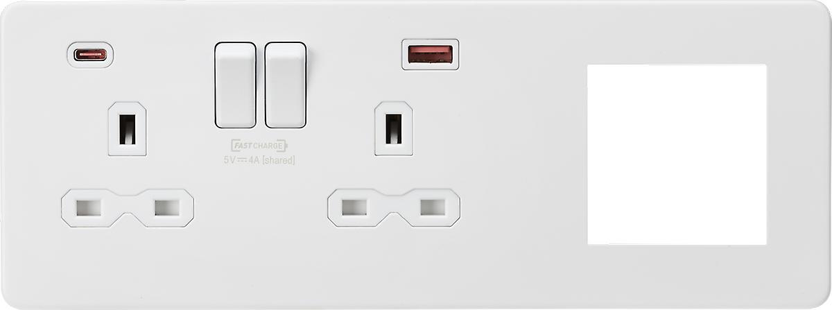 Screwless 13A 2G DP Socket with USB Fastcharge + 2G Modular Combination Plate - Matt White 230V IP20