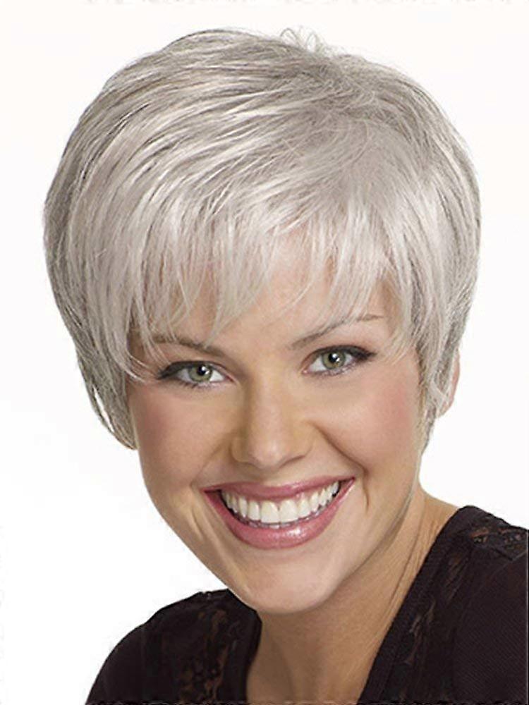 Pixie Cut Wig with Bangs Silver Grey Human Hair Blend Adjustable Fit Heat Styling Friendly