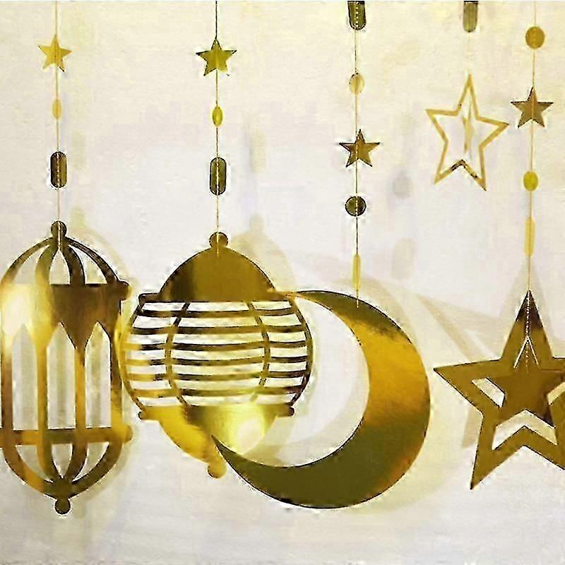 Faixa dourada de Eid Mubarak com decoração de estrela e lua penduradas