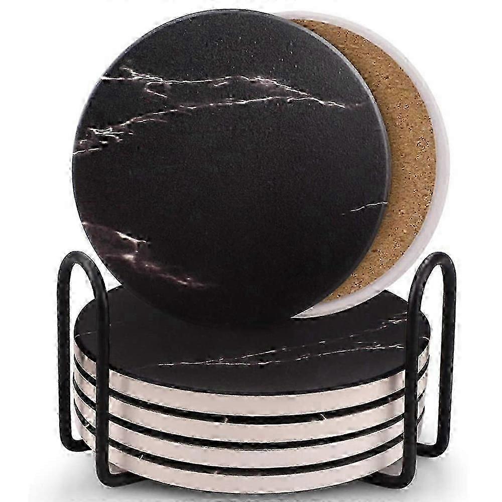 Coasters compatible with Drinks, Ceramic Stone Coaster Set with Metal Holder Stand, Cork Base, Marble Pattern S