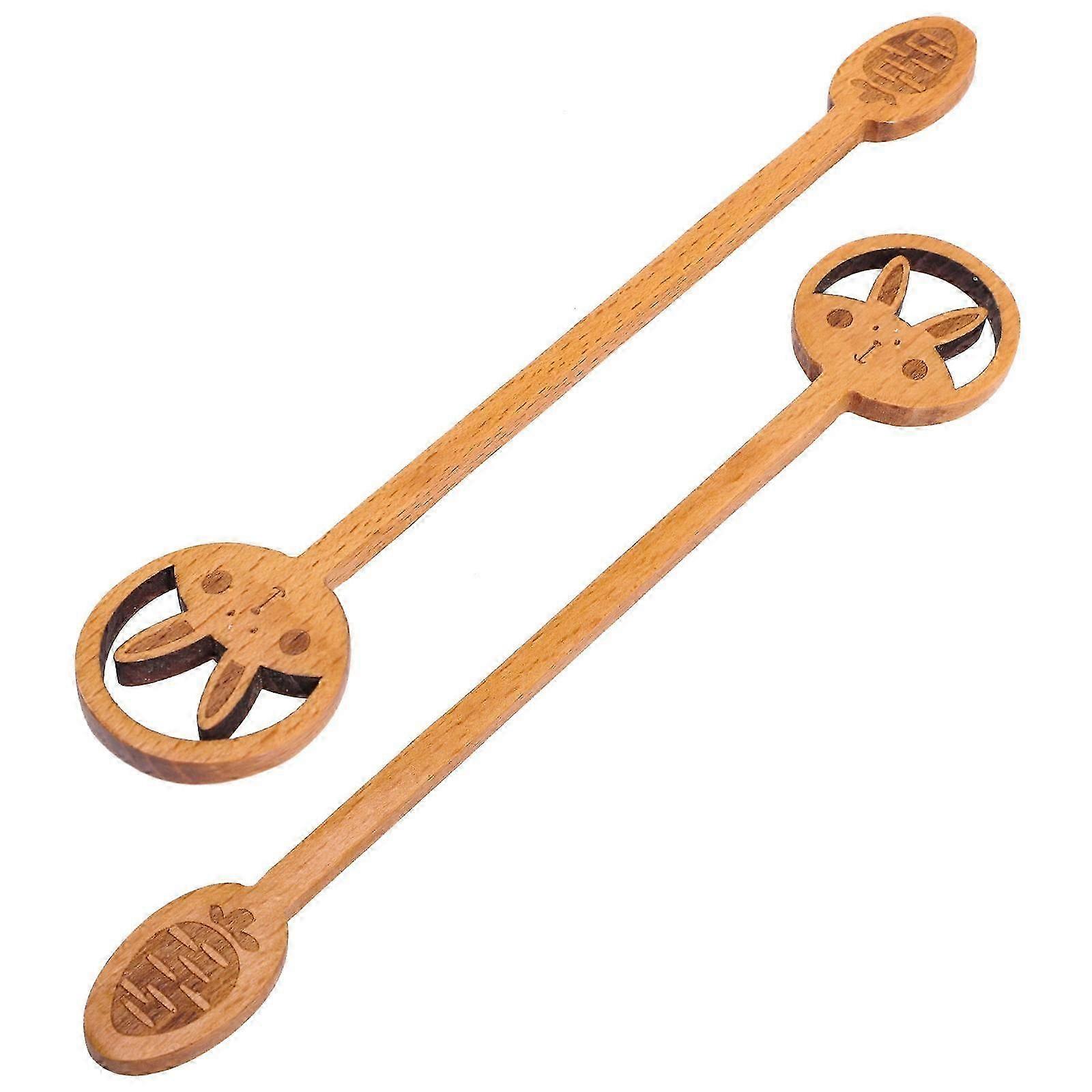 2pcs Easter Pattern Easter-themed Coffee Spoon Easter Rabbit Design Wooden Mixing Spoon for Easter Party
