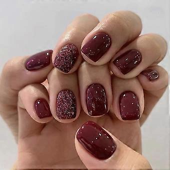 Short Square Press On Nails Burgundy Glitter Fake Nails Set – Fast Salon Look, Durable Wear, 24pcs