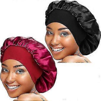 2 Pieces Wide Band Satin Cap Sleep Bonnet Soft Night Sleep Hat For Women yujy
