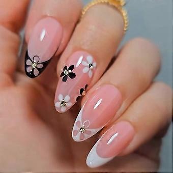 24pcs Women's False Nails Almond Stick On Nails Flower Designs French Style Winter Nail Accessories