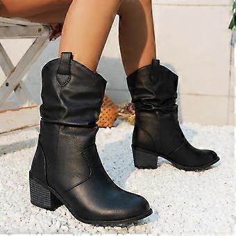 Dames western cowboylaarzen voor de herfst en winter, retro model met spitse neus, dikke hakken, ruches, PU-leer, tot halverwege de kuit, dameslaarzen in grote maten.