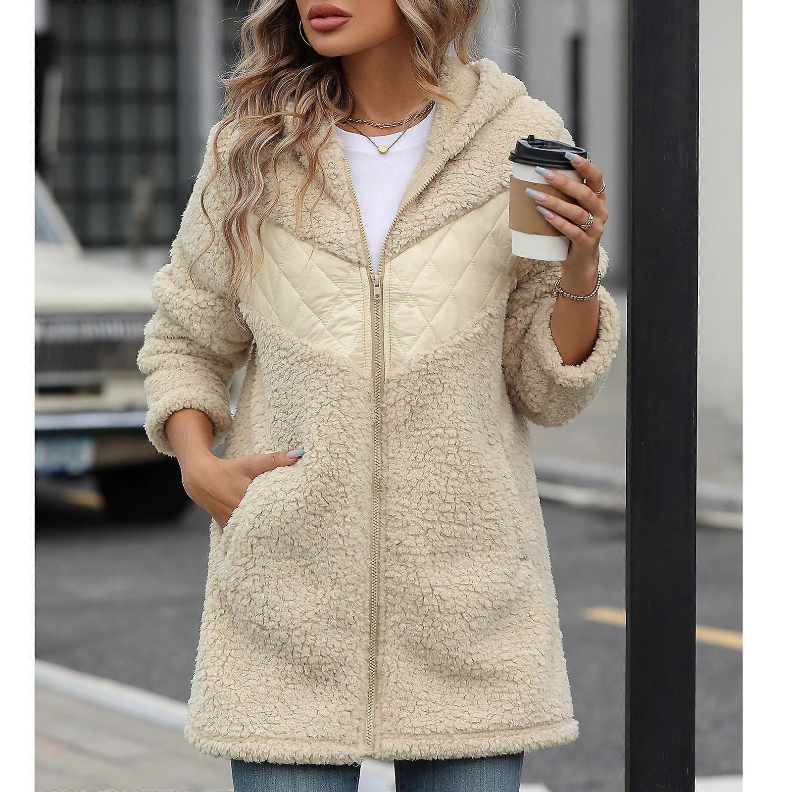 Women's  Loose   And Winter Thick Plush Zip Contrast Patchwork Hooded Jacket