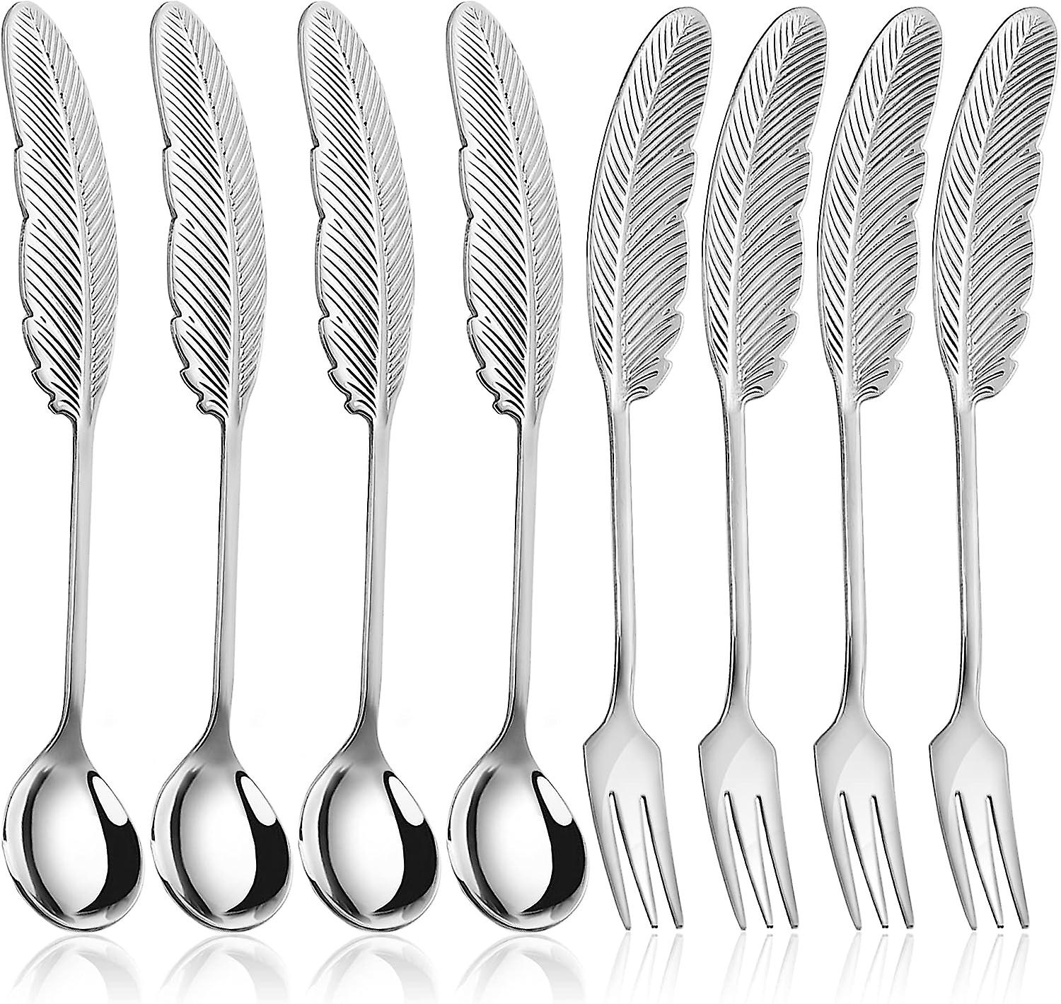Teaspoons & Dessert Forks Set Feather Shape 18/10 Stainless Steel, Cute Silver Espresso Flatware Set For Dessert Coffee Ice Cream Pudding Condiment, 4