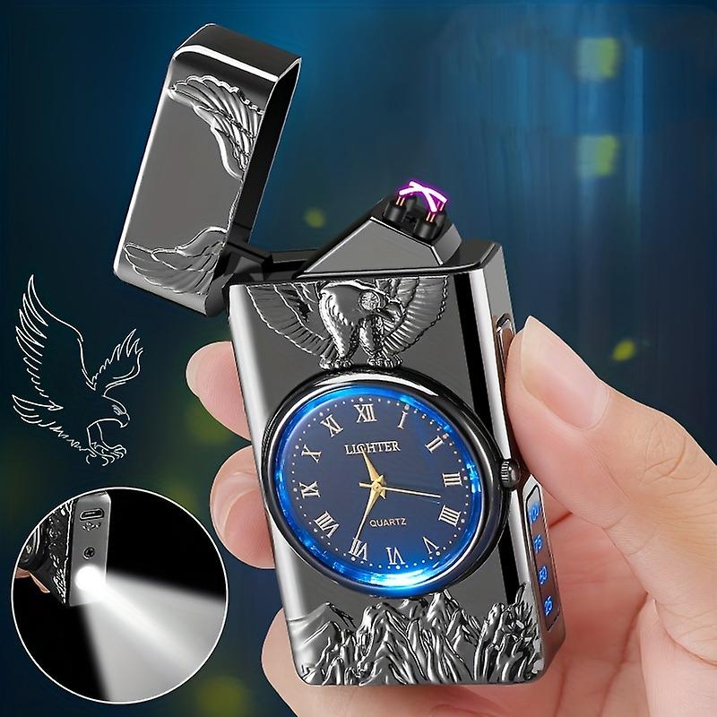 1pc Double Arc Lighter Embossed Eagle Cool Real Dial Led Lighting Charging Igniter