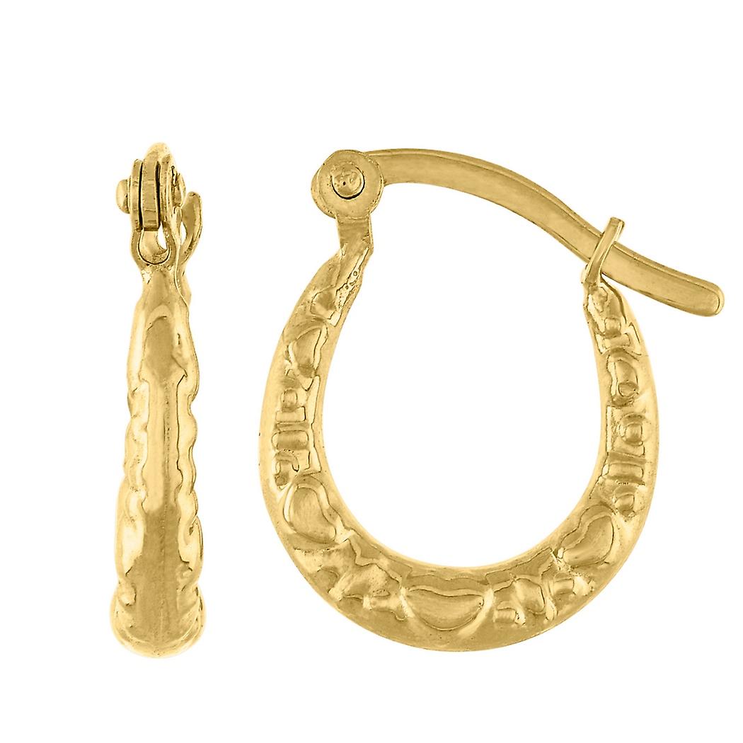 14Kイエローゴールドレディースポリッシュテクスチャードシュリンプハギーフープ15.4mm xスナップイヤリング-女性用フープイヤリング