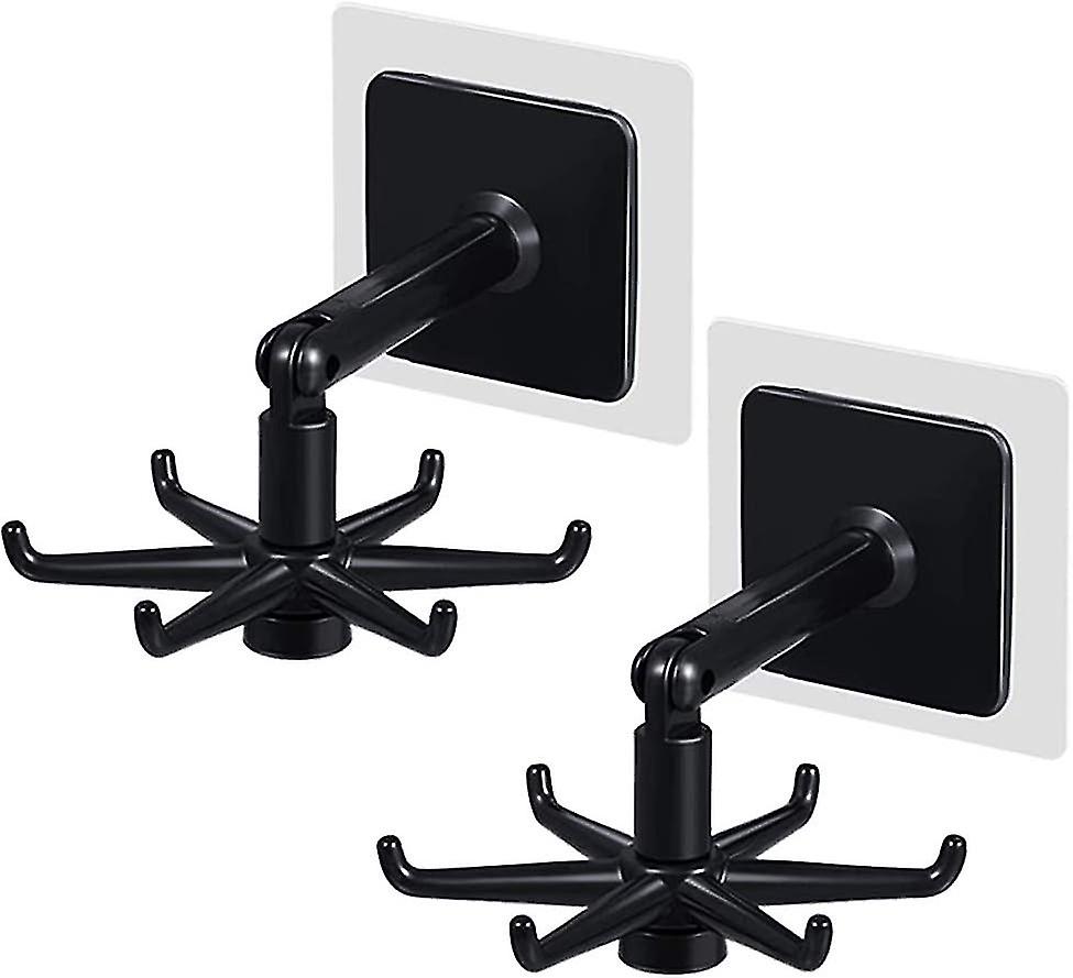 2 Pack Adhesive Hooks 360 Degree Rotating Folding Hook 6-claw,vertical Flip Hookblack
