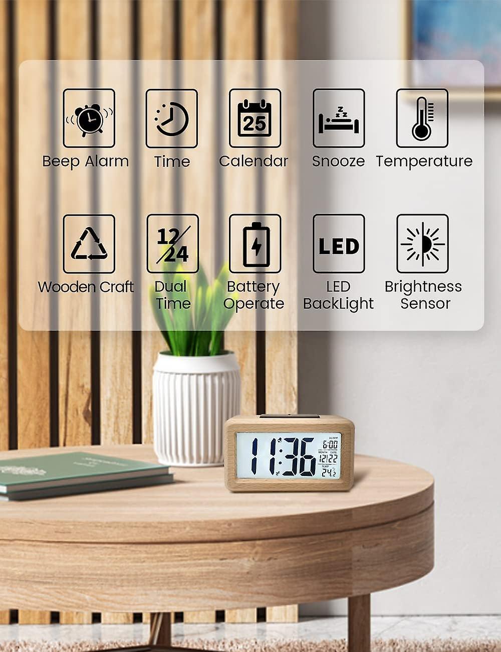 Digital Alarm Clock  Wooden Bedside Clock with Large LCD Backlit Display  Temperature  Brightness Sensor