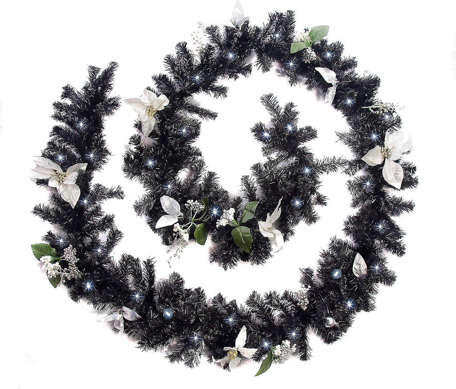 La migliore ghirlanda di Natale decorata in argento nero artificiale con luci a LED bianche luminose (12 piedi / 360 cm)