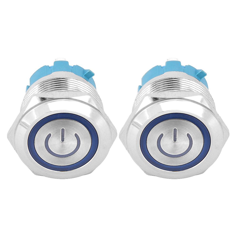 2Pcs 22mm Metal Push Button Switch Flat Head Momentary 4 Pin with Power Light Sign IP65 12-24VDCBlue