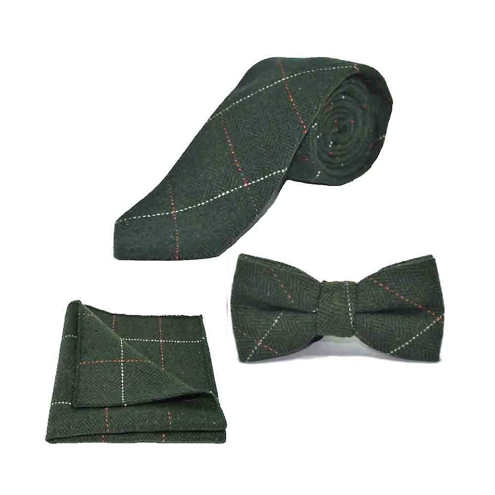 Luxury Herringbone Forest Green Tweed Bow Tie, Tie &amp; Pocket Square Set