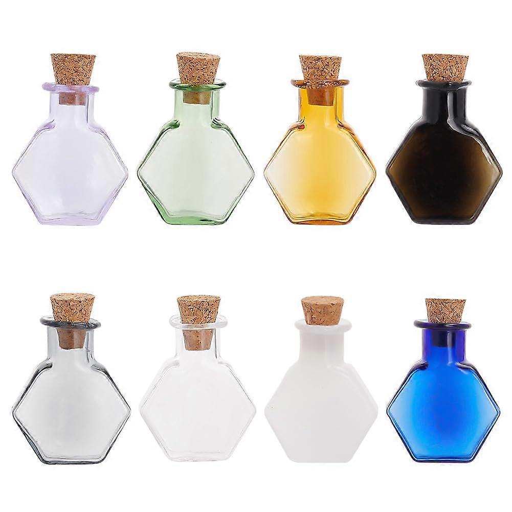 8pcs Mini Colored Glass Bottles Tiny Spell Jars Hexagon Potion Bottles Wishing Bottle Vials with Corks Drifting Bottle Glass Bottles Ornament for Wedd