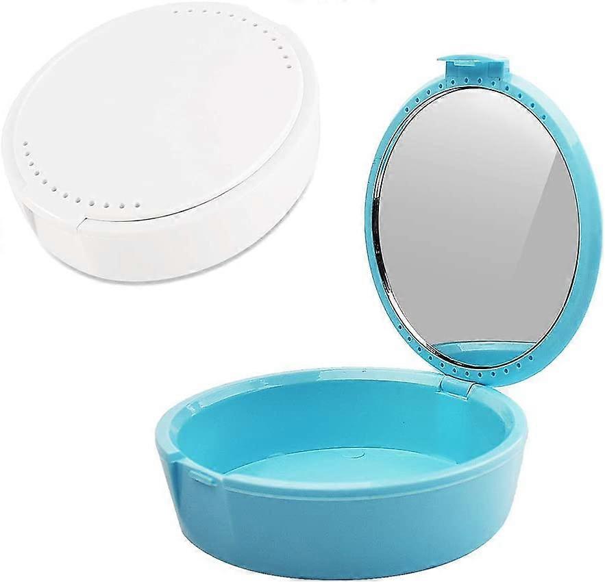 Partial Denture Storage Box With Mirror (Light Blue + White)