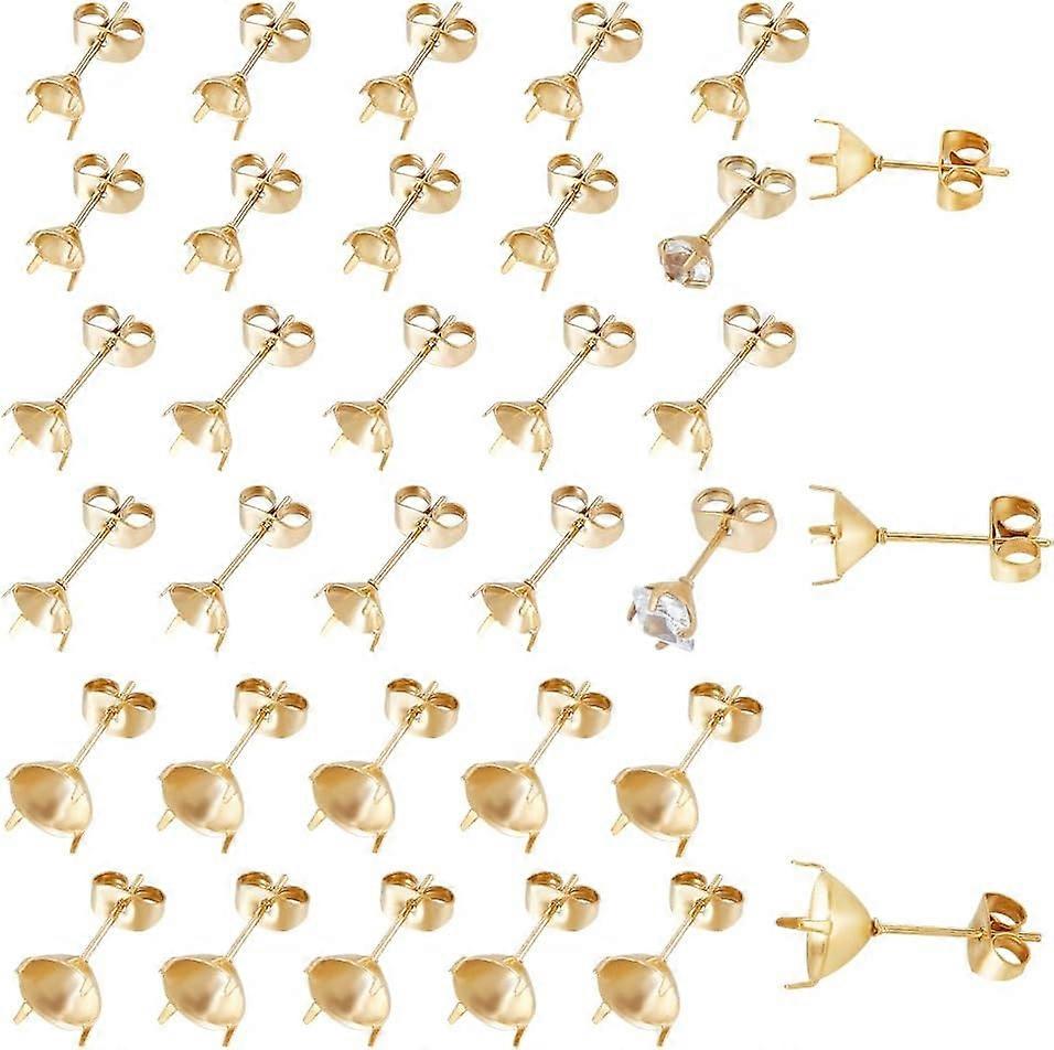 36pcs Real 18K Gold Stud Earring Stainless Steel 4 Claw Prong Earring Settings Stud Earrings Blank Components with Ear Nuts Rhinestone Stud Earrings f