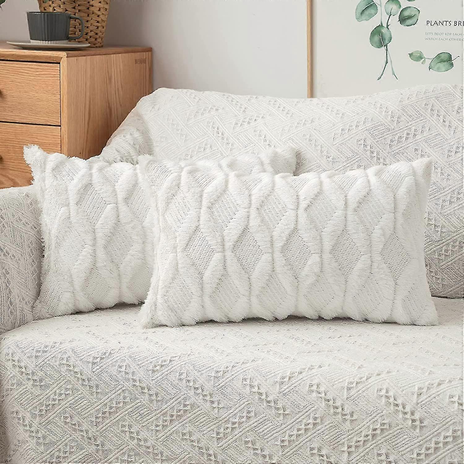 2-piece Cushion Cover Soft Plush Wool And Suede With Diamond Pattern On Both Sides 30x50cm White