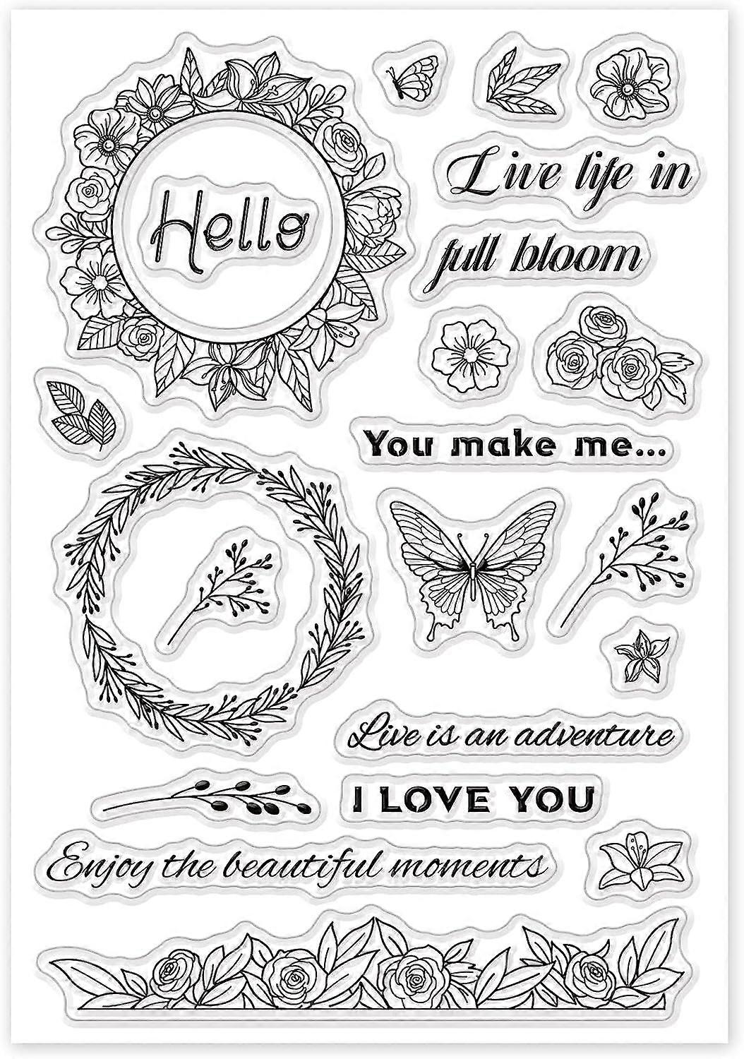 Flower Wreath Silicone Clear Stamps with Butterfly Rose Leaf Pattern