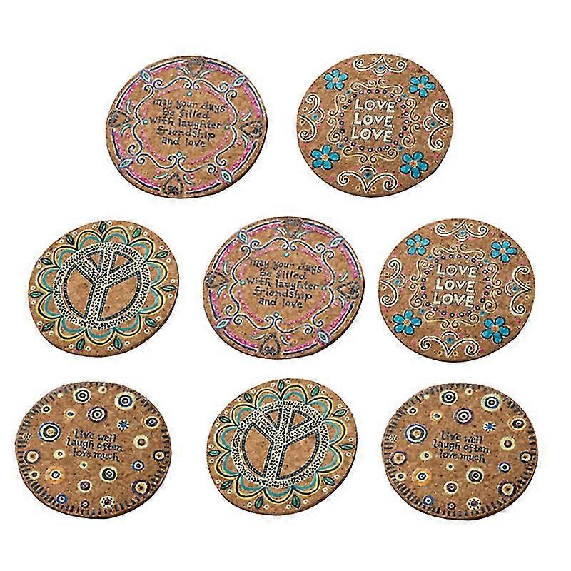8 pcs round natural cork coasters heat resistant patterned mats tabletop protection drink coasters (mixed)
