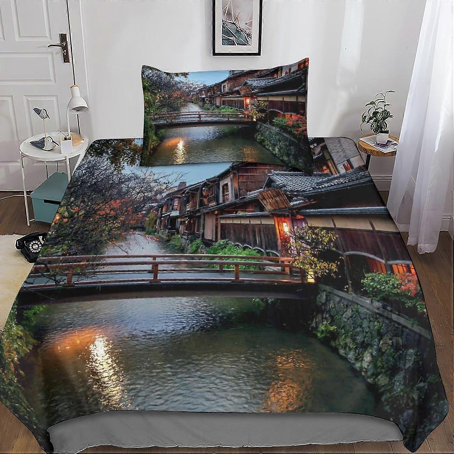 Kyoto 3D Bedding Set, 2 Pcs City Bedding Set Microfiber Duvet Cover & Pillowcases with Zipper Closure for Single or Double Bed Single