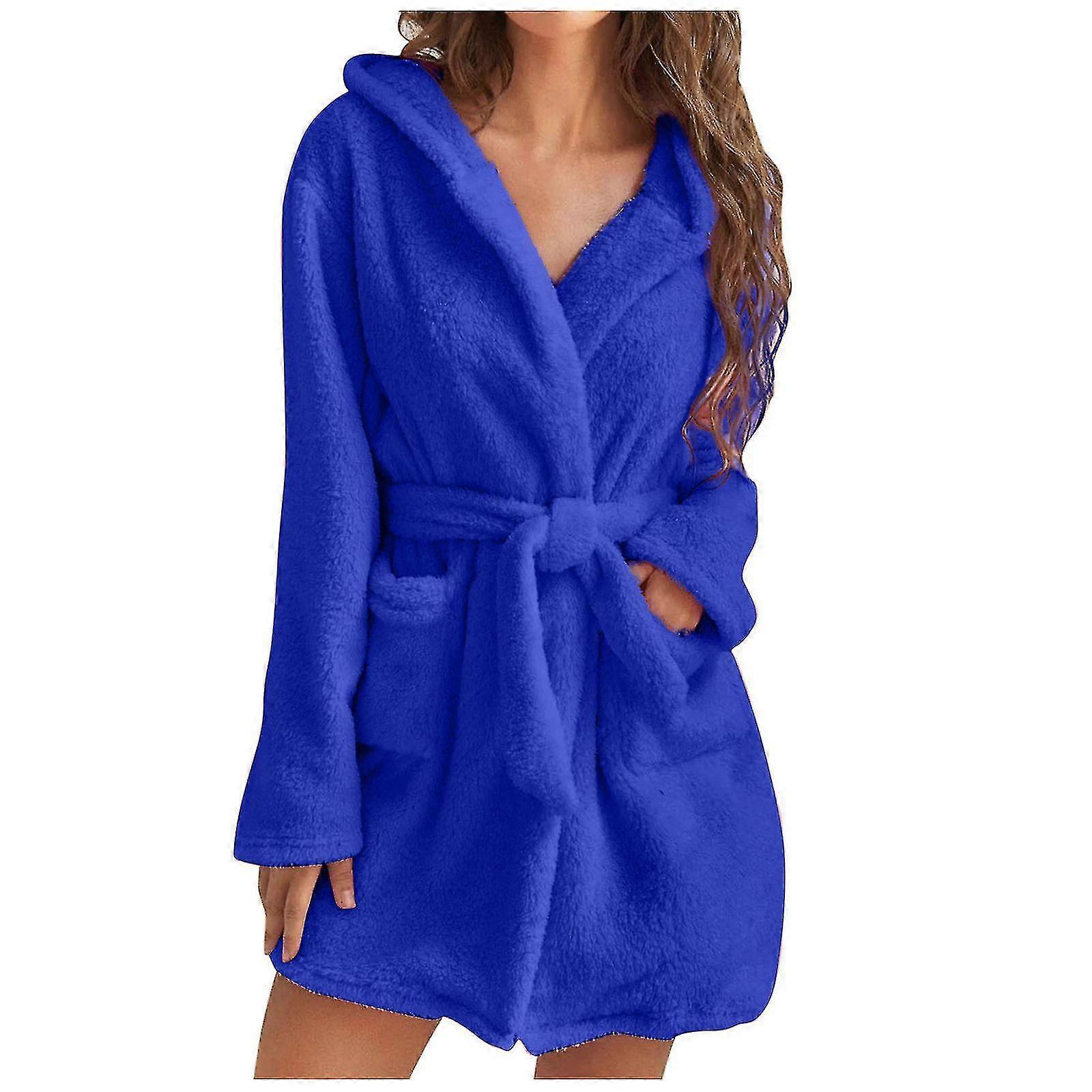 Women Hooded Fleece Bathrobe Lightweight Soft Plush Robe Long Flannel Sleepwear Loungewear