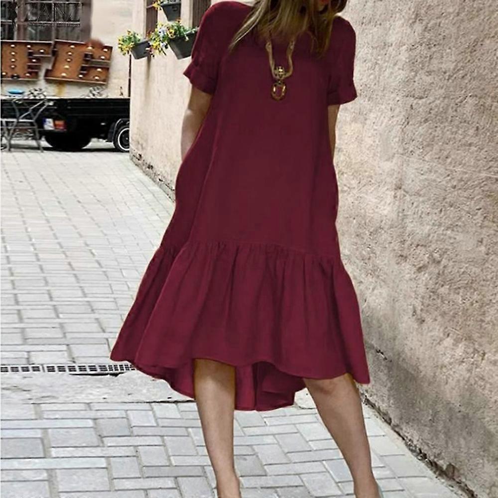 Robe dt pour femmes Couleur unie Col rond Volant Robe mi-longue pour dcontract