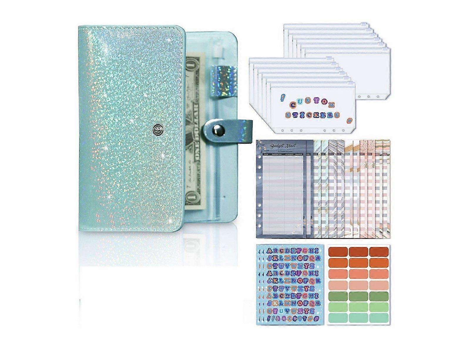 A6 PU 皮革预算活页夹笔记本现金系统收纳盒 Planner 青色