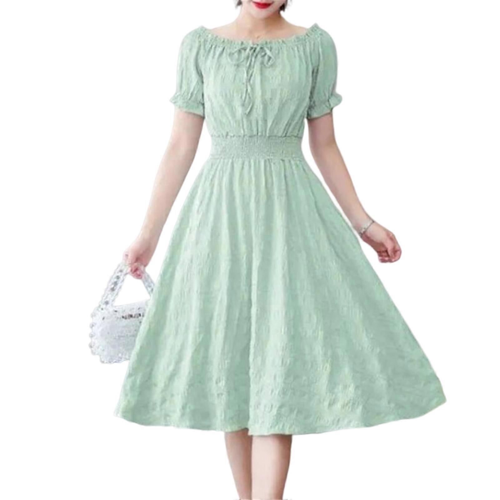 Women\'s Summer Dresses Korean Style High Waist Short Sleeve Dress on/off Shoulders Solid Color Size M-3XL