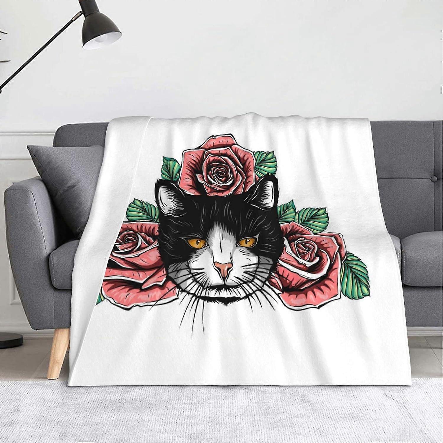 Rose Cat Throw Blanket, Mjuk Lätt Flanellfilt för soffor, säng, sofforFVBG-424