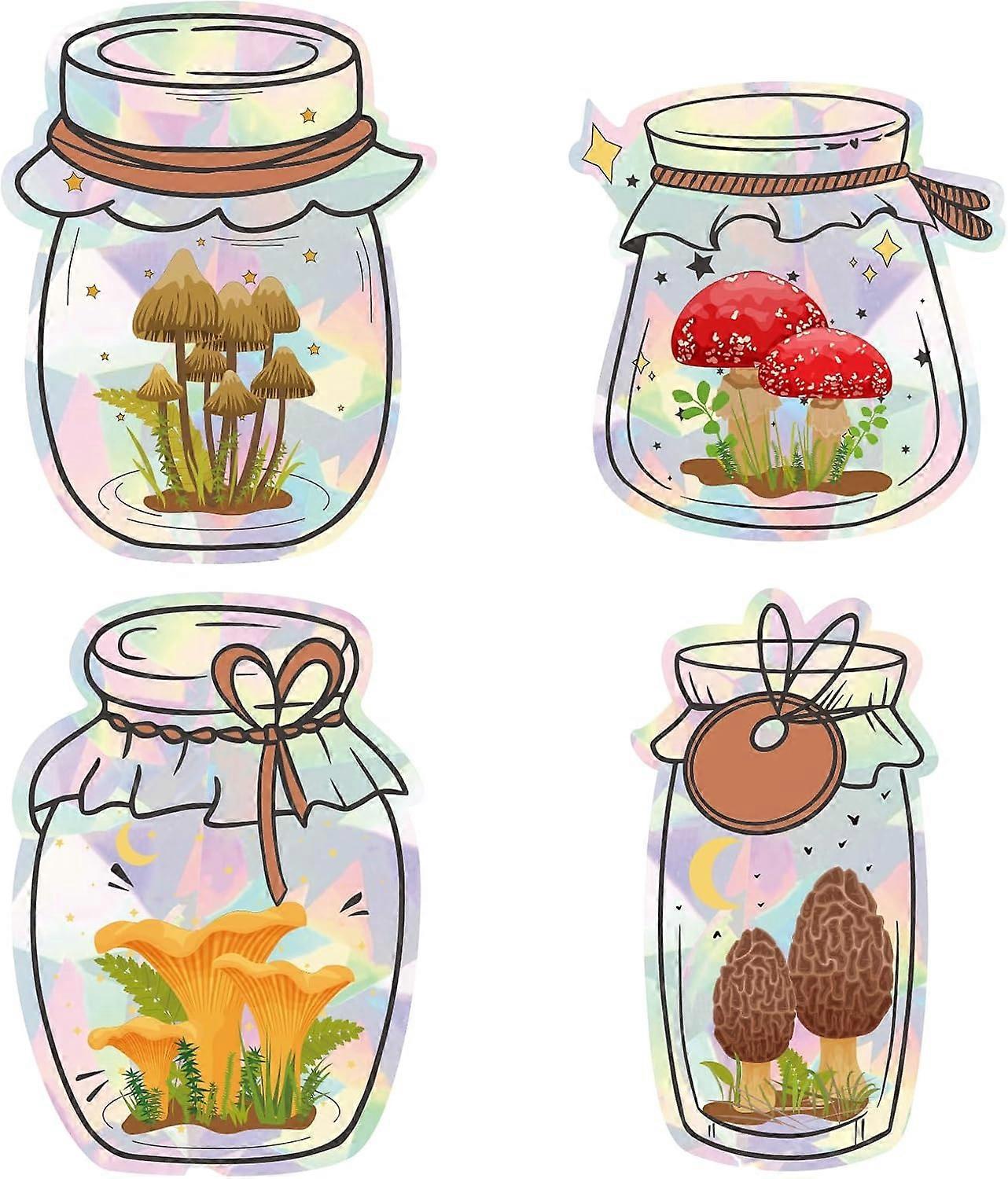 4Pcs Laser Window Sticker Adhesive Static Stickers Jar of Mushrooms Pattern Electrostatic Window Stickers Double Sided Window Stickers Static Clings W