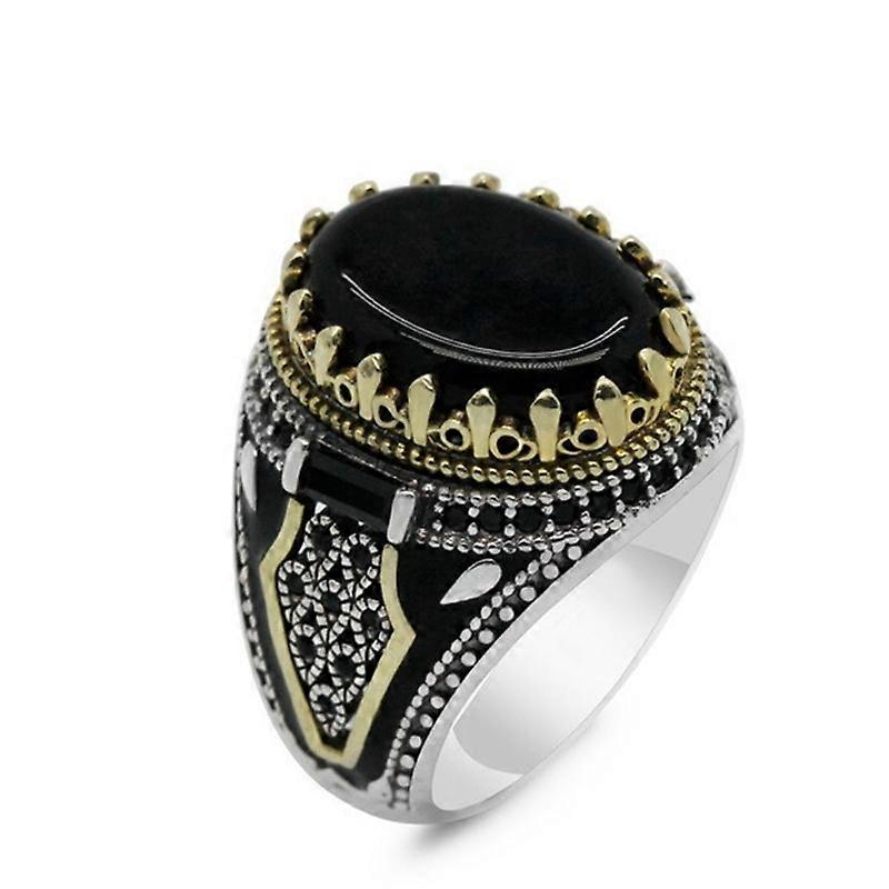 Personalized retro two-tone black agate ring