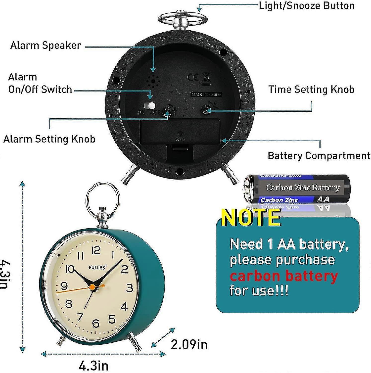 Analog Alarm Clock Non Ticking With Night Light Snooze Function Round ...