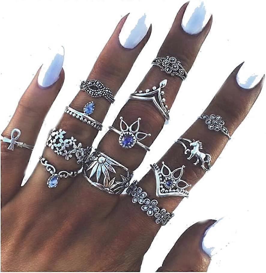 13stk Vintage Knuckle Ring Sæt Hule Udskårne Blomster Stabelbare Ringe Boho Krystal Fælles Knoringe til Kvinder Piger