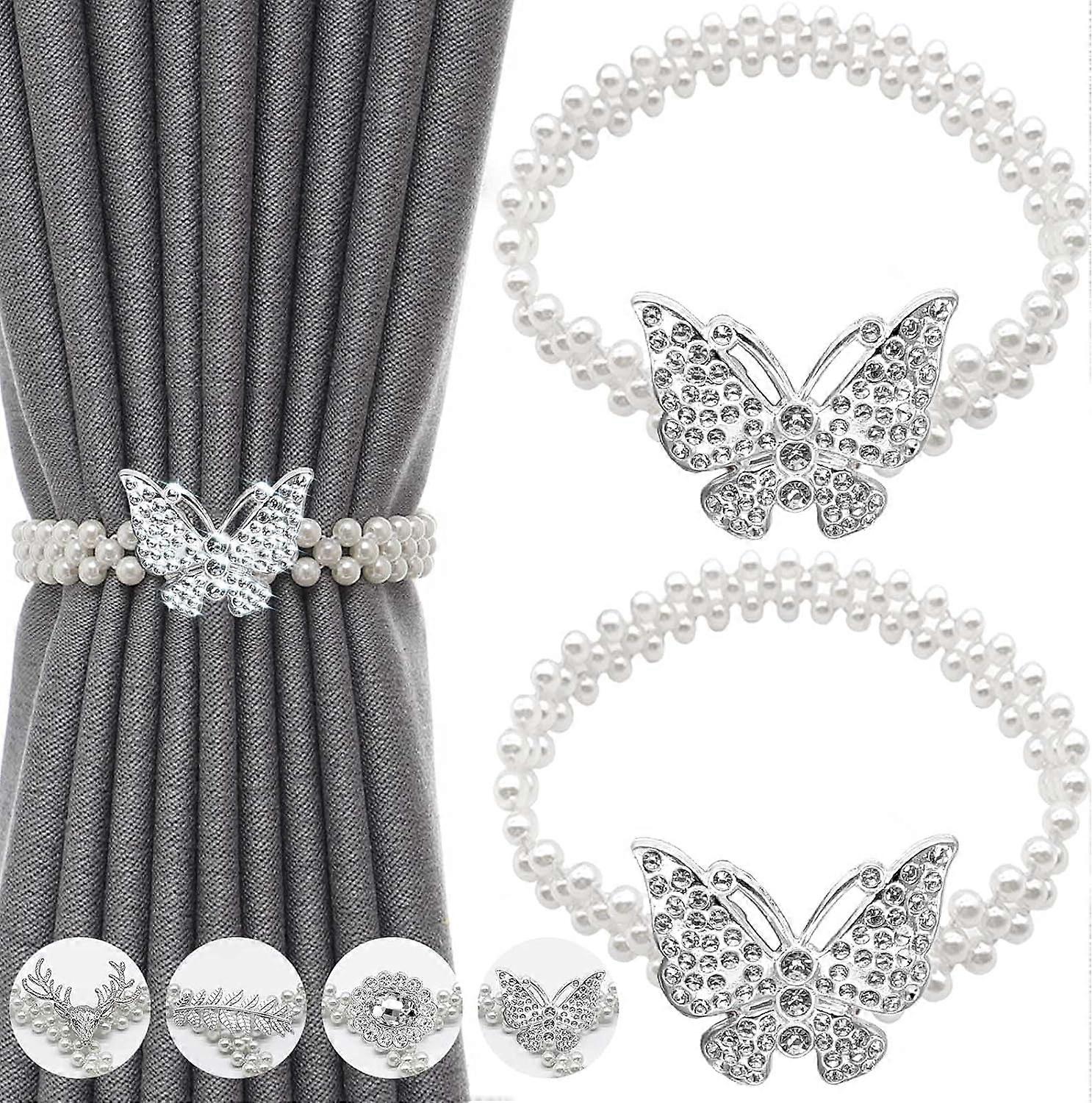 2 Pcs Metal TieBacks with Classy Small Pearl Elastic Rope Curtains Hold Holdbacks for Home Office  Window Drape Deco No-Install