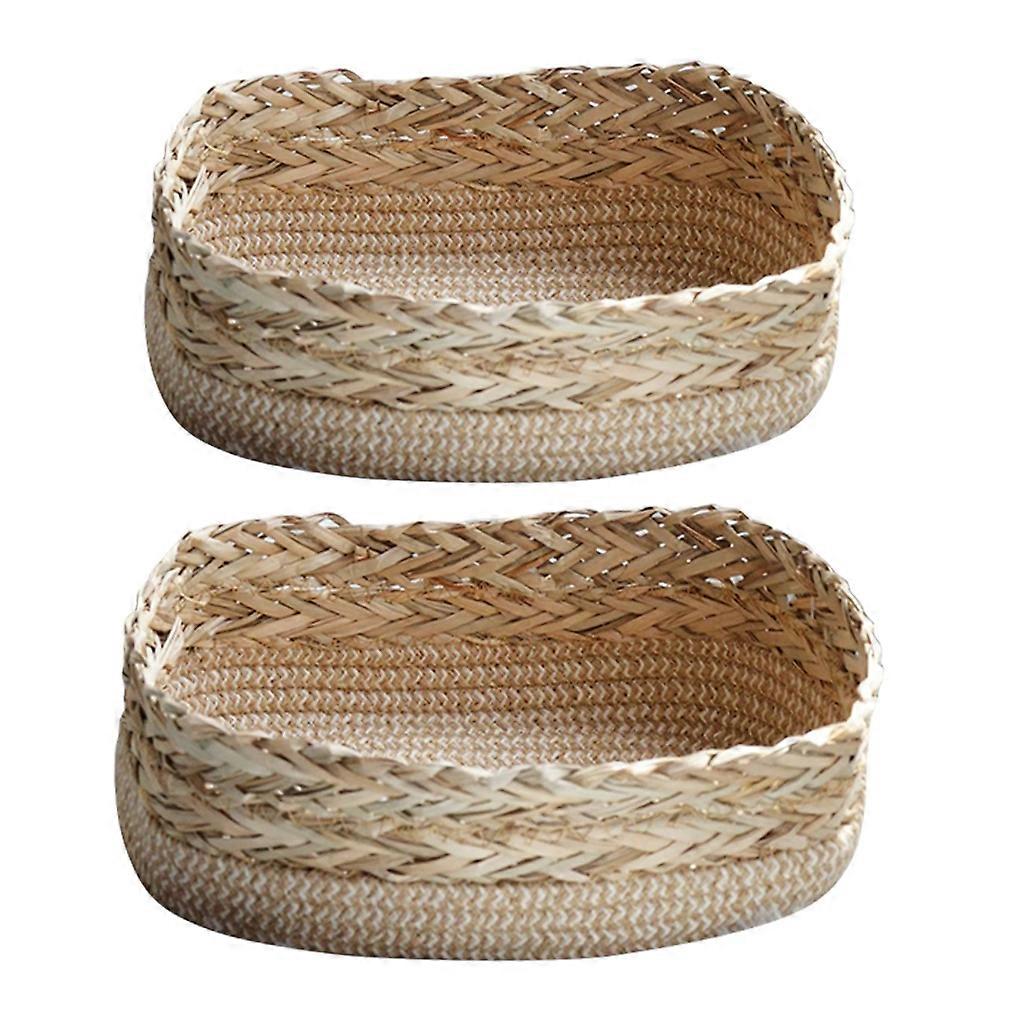 2Pcs Rustic Woven Straw Storage Basket Boho Cosmetic Box Kitchen Shelf Organizer