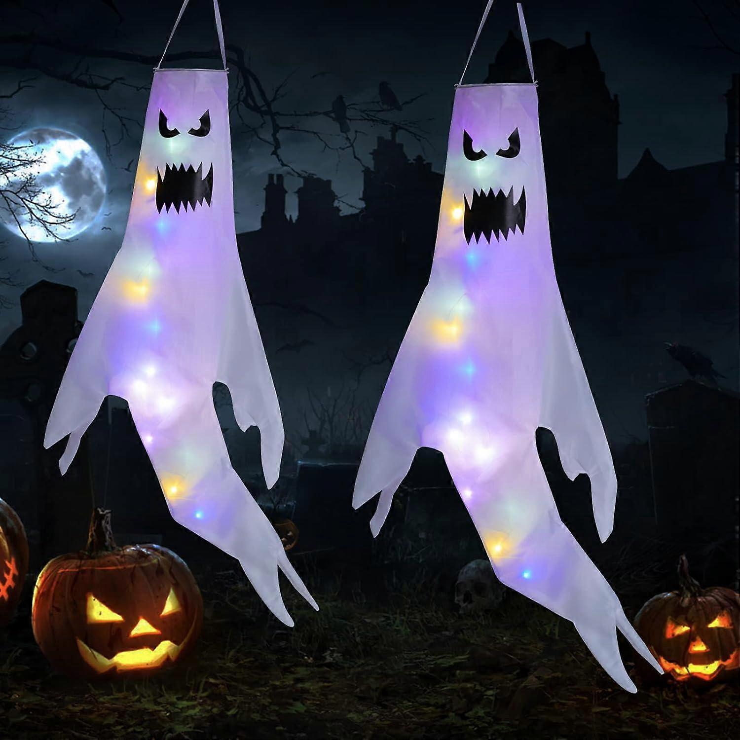 2 Pack Halloween Ghost Hanging Windsocks For Outdoor Decorations